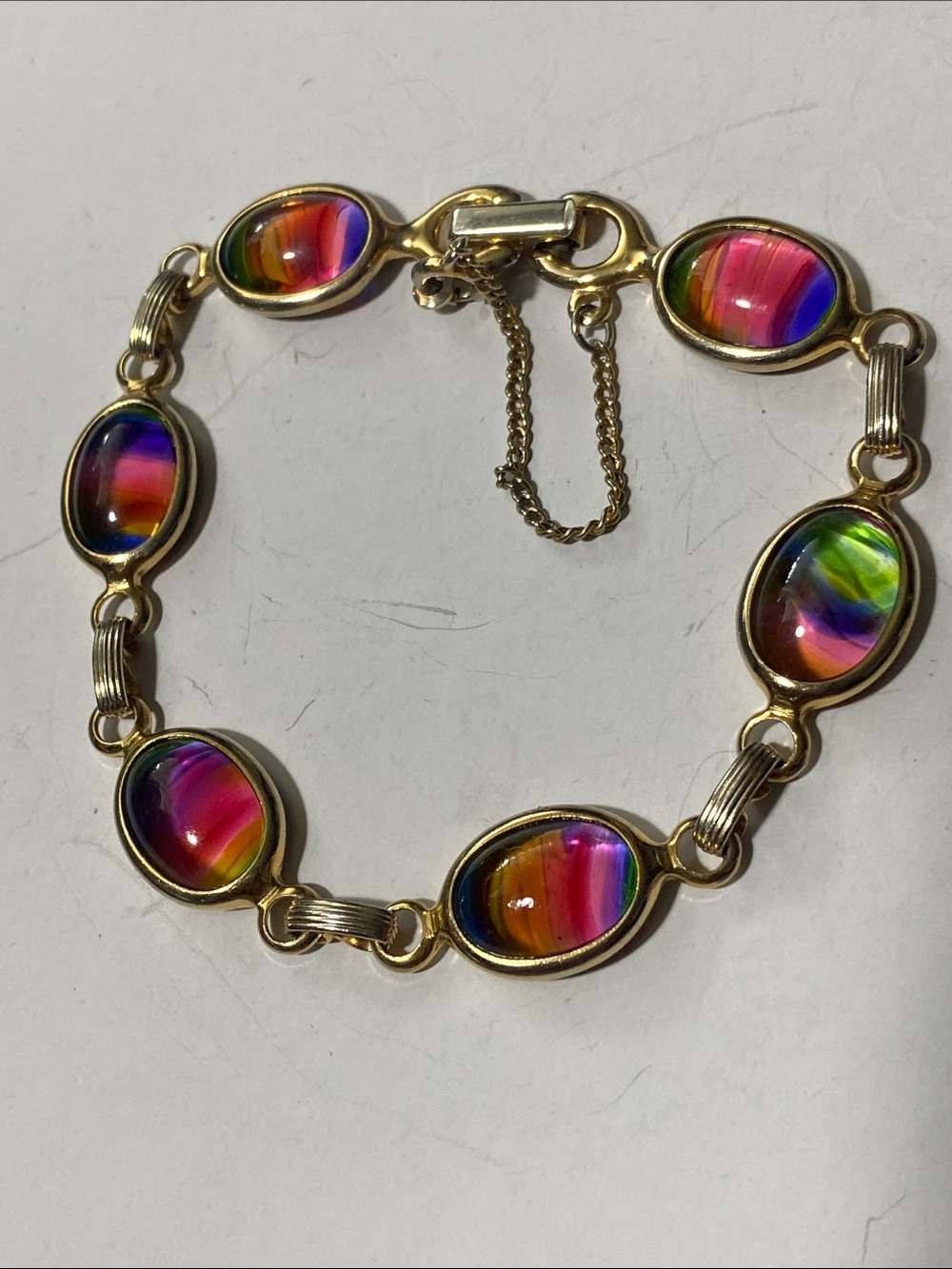 Vintage Sarah Coventry HARMONY Bracelet Watermelon Rainbow Glass Gold Tone 7.5”